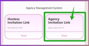 Clive agency management screen with Agency Invitation Link (daily limit 10) and Hostess Invitation Link (daily limit 100)