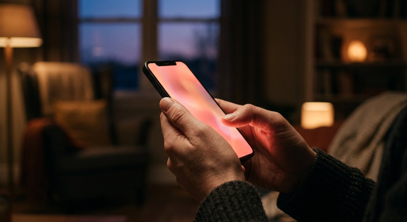 A host's phone glowing rose during an evening video call